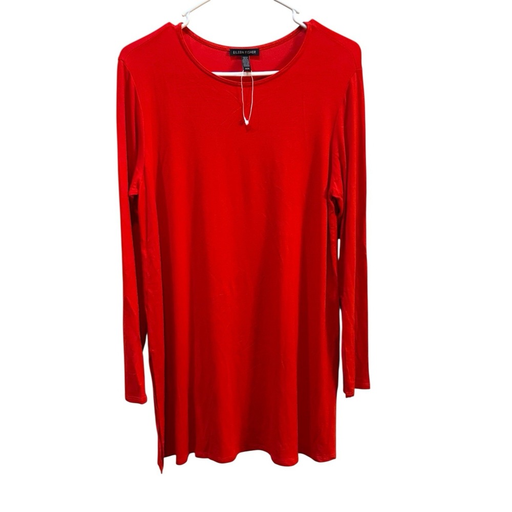 Eileen Fisher Viscose Jersey Red Long Sleeves Stretch Tunic Top Size Medium